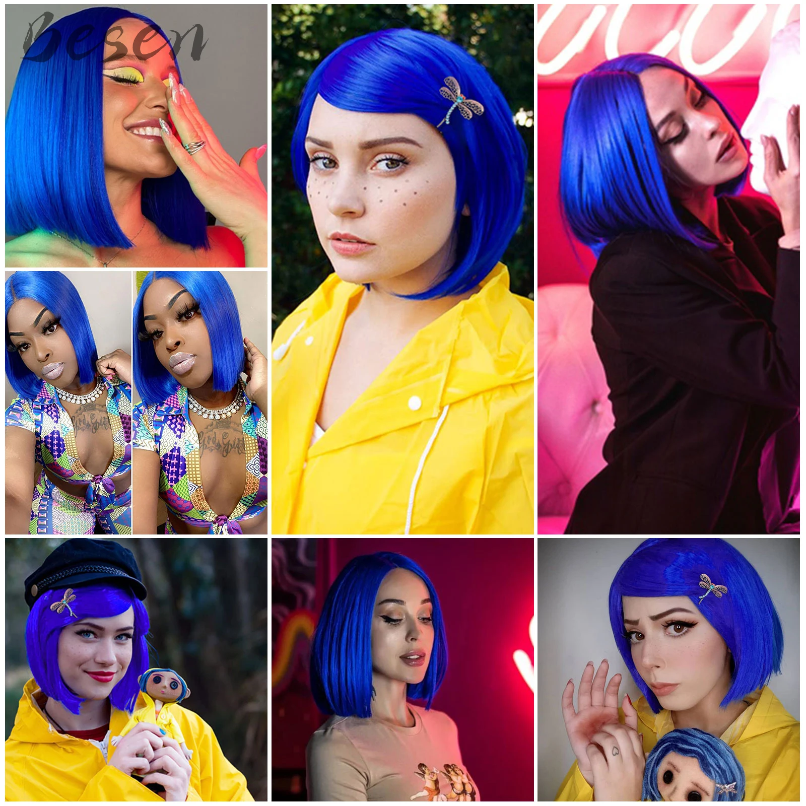 Synthetic Dark Blue Bob Wigs for Coraline Costume Women Girls Women's Costume Wigs Colored Bob Wigs for Cosplay Halloween Party photo 5