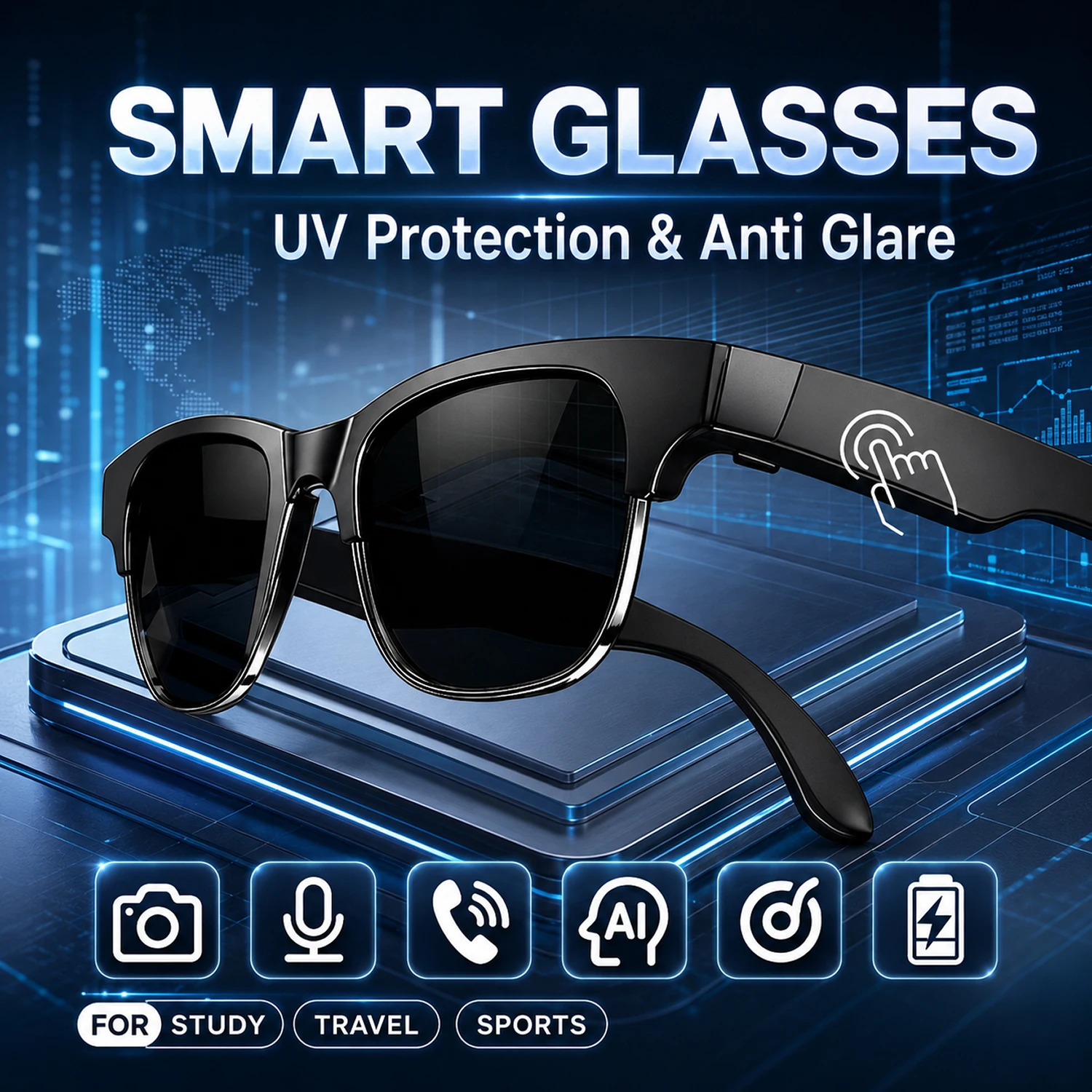 Smart Glasses Hands-Free Calling AI Chat Logging Music Playback Bluetooth Sunglasses for Men Touch Control Selfie Anti Glare photo 1