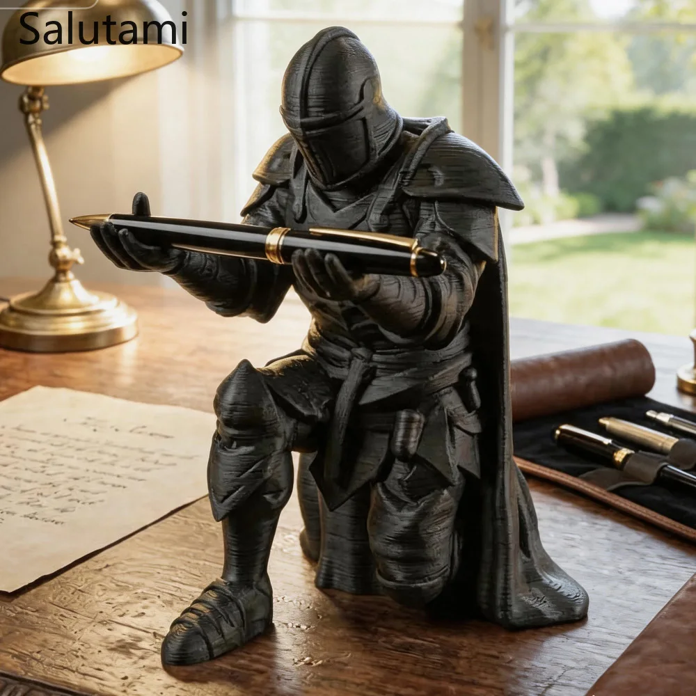 Pen Holder 3D Printed Medieval Knight Black Silver Warrior Statue Desk Organizer Creative Office Desktop Decor Stationery Gift photo 5