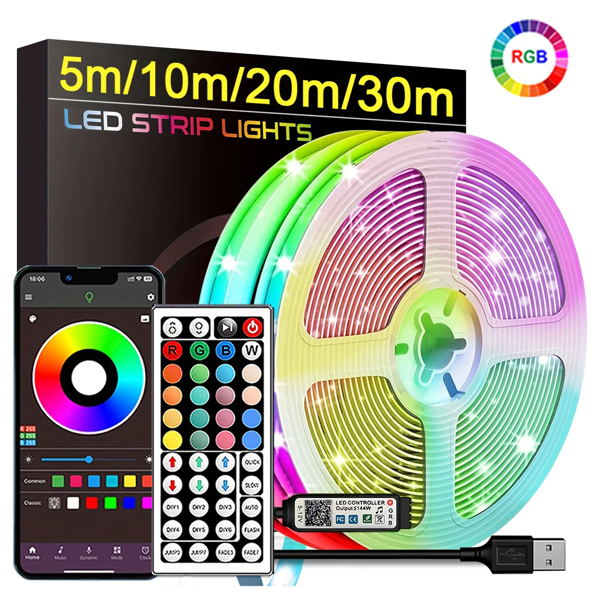 RGB Led Strip Lights 5m 10m 20m 30m Led Room Light with APP Control Flexible Ribbon Luces Led Tape for Room Bedroom Decoration photo 1
