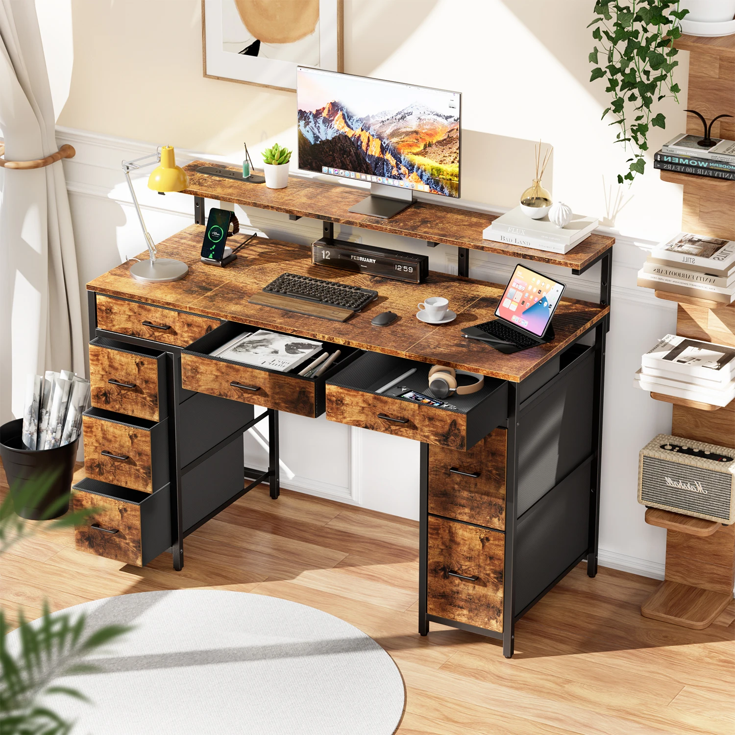 Computer Desk with 8 Storage Drawers, Adjustable Monitor Stand, Writing Desk with LED Lights & USB Power Outlets, Gaming Table photo 2