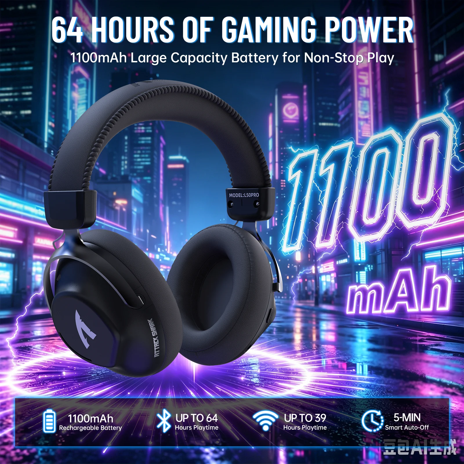 ATTACK SHARK L50PRO Wireless Gaming Headse,1100mah,7.1 Surround Sound, 53mm Drivers,20ms Low Latency,Detachable mic, Aluminum photo 5