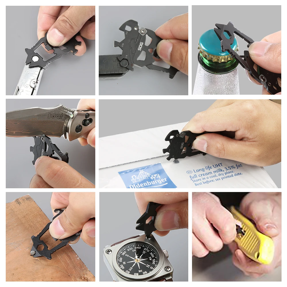 SOG 12 in 1 MACV EDC Multi-tool Stainless Steel Keychain Pocket Gadget Portable Mini Multifunctional Tools with Bottle Opener Screwdriver Wrench Cutter For Cycling Camping Outdoor DIY Household Emergency Repair Men / Women Gift 2Pcs Set photo 6