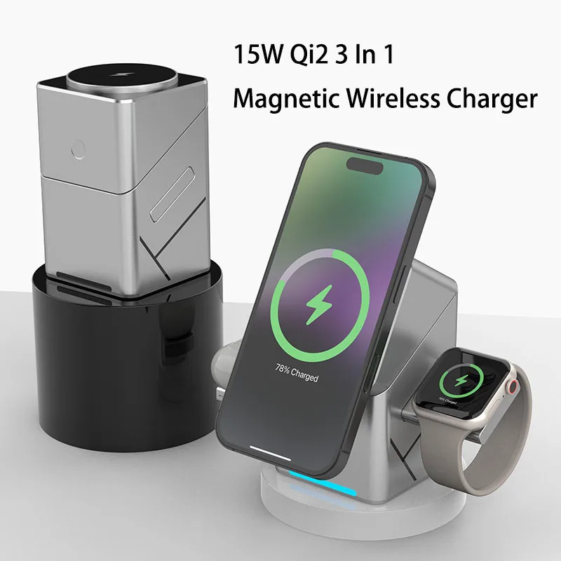 Rotating Qi2 3in1 15w Magnetic Wireless Charger Stand For iPhone 16 15 14 13 12 Max  iWatch Airpods Fast Charging Dock photo 4