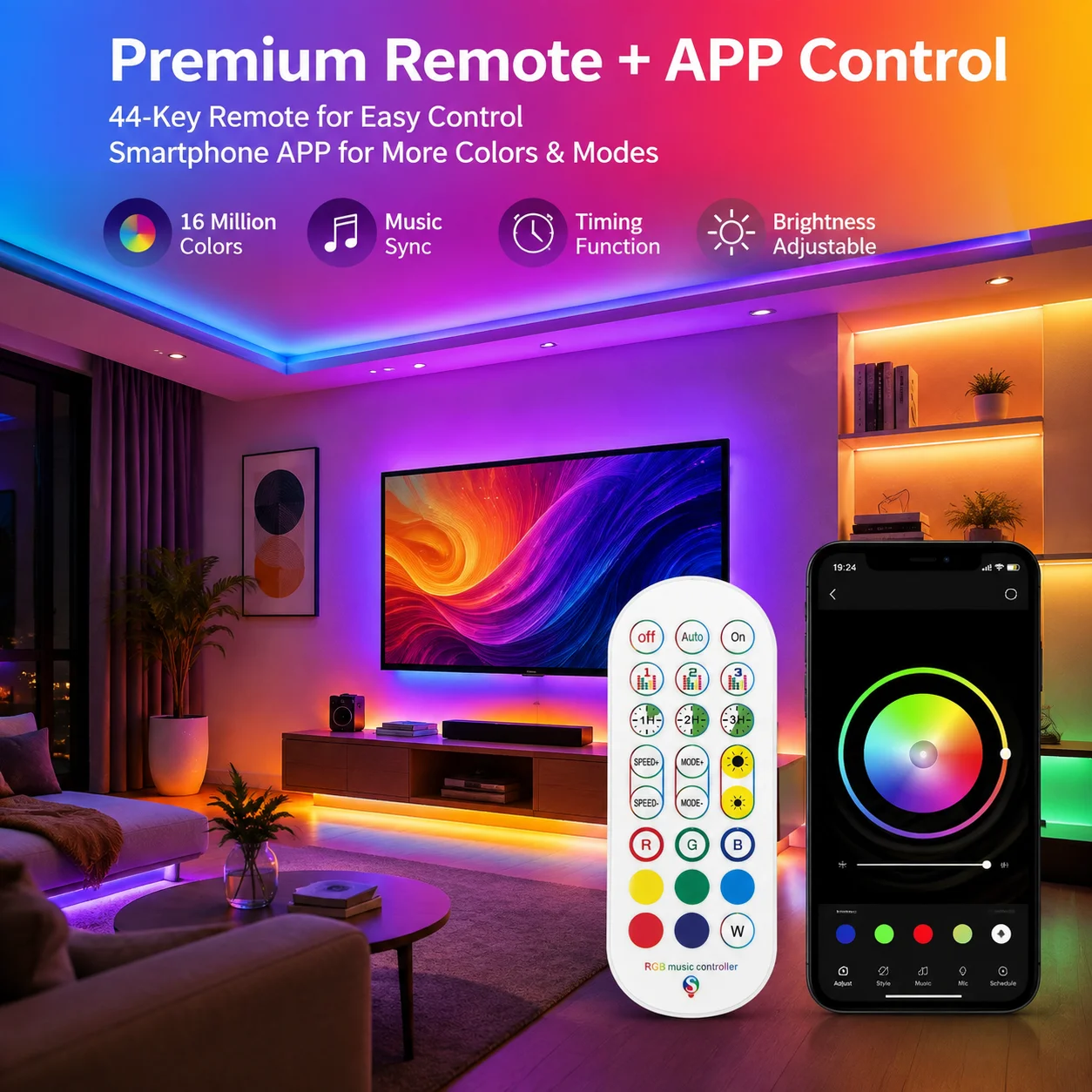 USB 5050 RGB LED Strip Lights with Remote Control 44 Lighting Modes Dimmable Million Gradient Colors for Bedroom Festival Decor photo 2