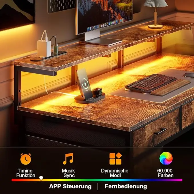 Computer Desk with 8 Storage Drawers, Adjustable Monitor Stand, Writing Desk with LED Lights & USB Power Outlets, Gaming Table photo 3