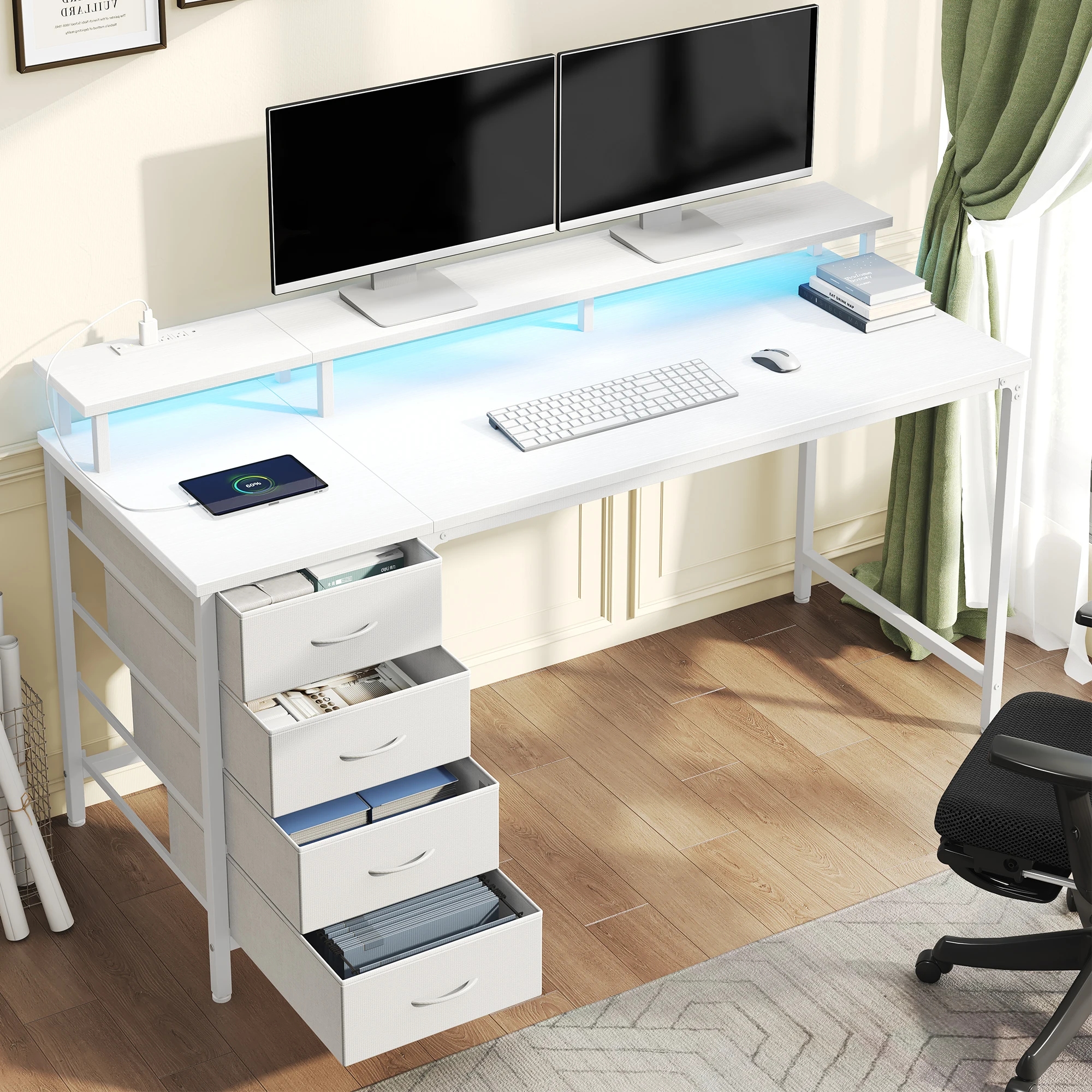 JHK 40In to 47In Gaming Computer Desk with 4 Storage Drawers Wood Office Desks with Power Outlets and LED Lights for Home Office photo 1
