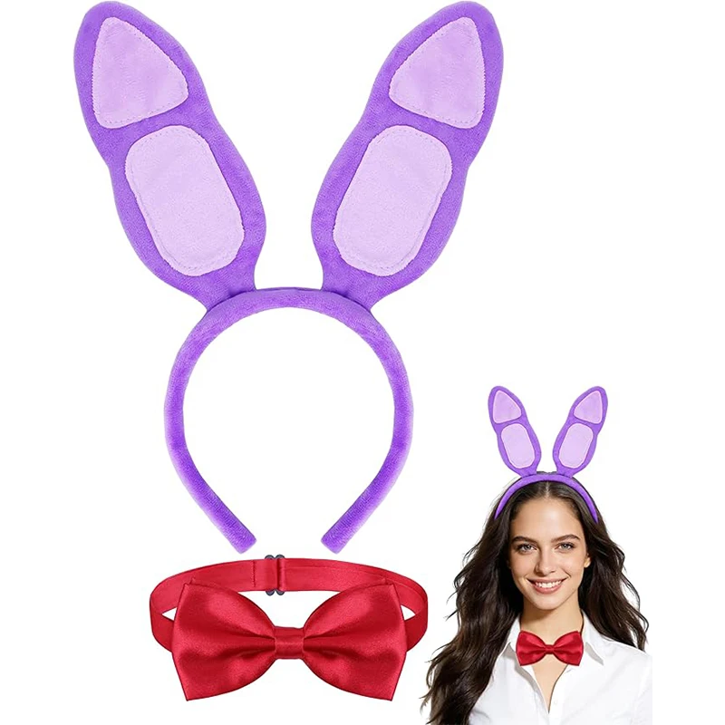 FNAF Freddy Bonnie Purple Bunny Costume Accessories Bunny Ears Headband with Red Bow Tie for Women Men Halloween Party Cosplay photo 1