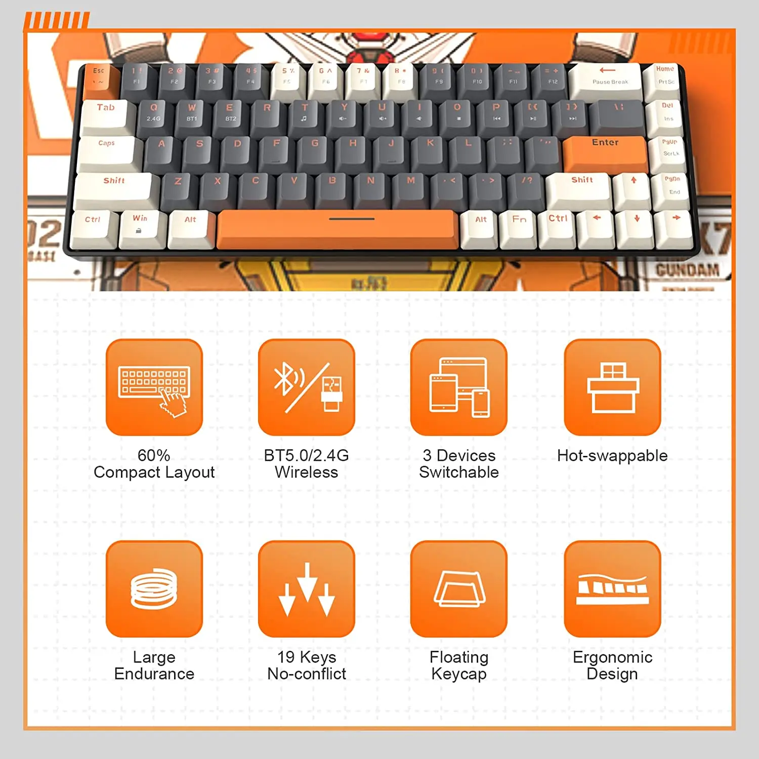 RK68 60% Wireless Mechanical Keyboard, Bluetooth 5.0/2.4GHz with Dual Mode 2-in-1 Receiver, 68-Key Hot-Swappable Gaming Keyboard photo 6