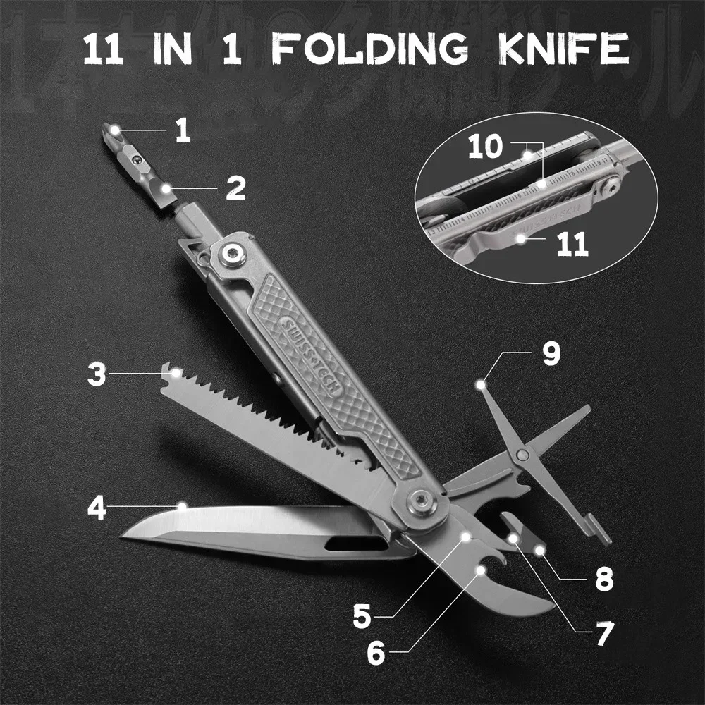 SWISS TECH 11 in 1 Mini Multitool Knife Folding EDC Outdoor Camping Survival Tools Scissors Screwdriver Multi Tool with Clip photo 3
