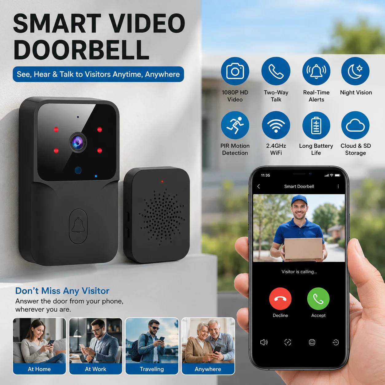 Wireless Video Doorbell Camera, WiFi Two-way Talk Doorbell with IR Night Vision, Smart Home Security Surveillance Monitor photo 2