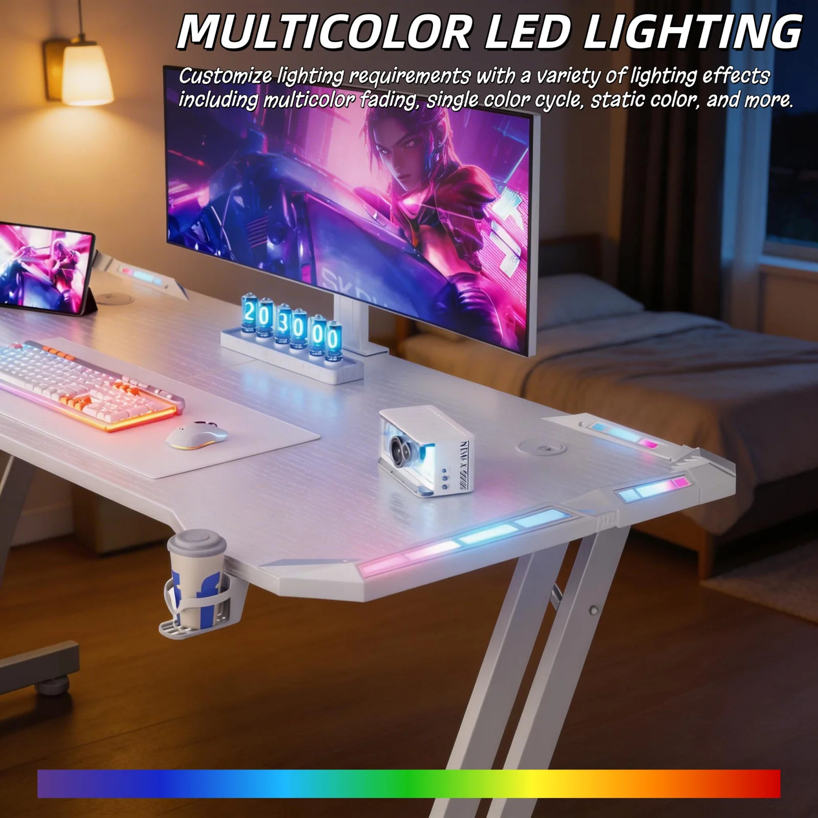 47/55/63inch Gaming Desk, Carbon Fibre Gaming Table with LED Lights, Z Shaped Ergonomic Desk with Cup Holder & Headphone Hook, White photo 3