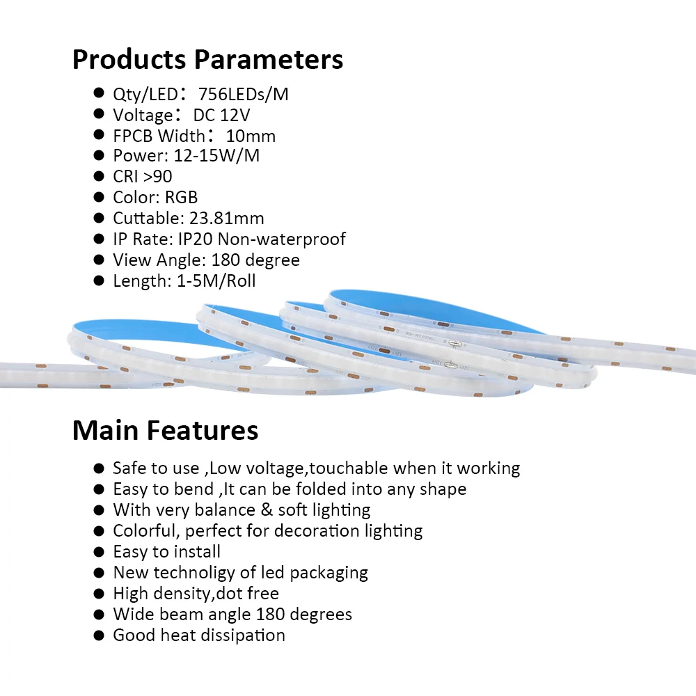DC 12V COB RGB LED Strip Light 756LEDs/m 1M 2M 3M 4M 5M High Density Flexible FCOB Tape Ribbon Lights for Decoration Lighting photo 4