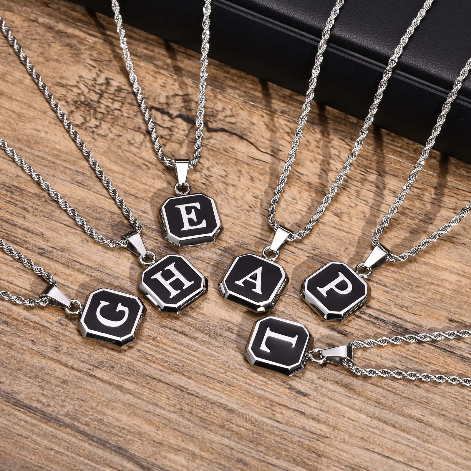 Initials Necklaces for Men Women,A-Z 26 Letters Black Square Stainless Steel Pendant Collar,45-60CM Twisted Rope Chain Gifts photo 5