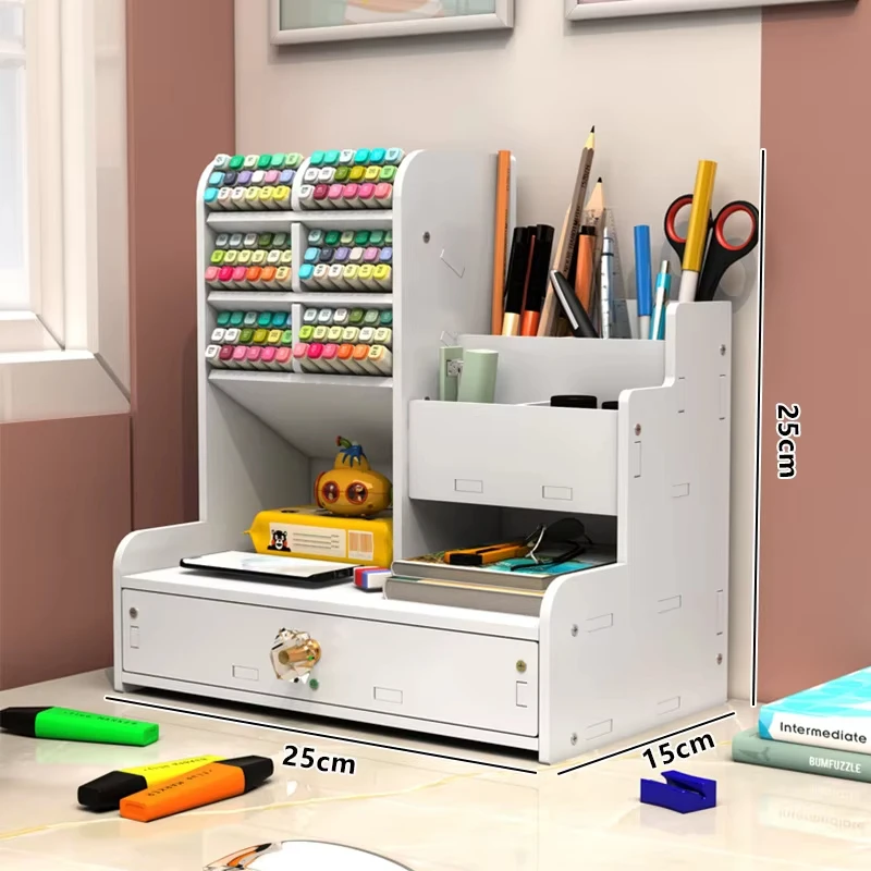 Mark Pen Pencil Holder Wooden Desk Organizers Shelves Accessories Desktop Stationery Organizer Bookshelf Home Office Storage Box photo 6