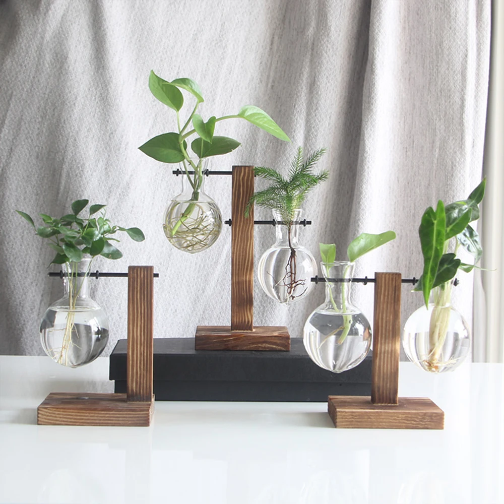 Creative Glass Desktop Planter Bulb Vase Wooden Stand Hydroponic Plant Container Home Tabletop Decor Vases photo 4