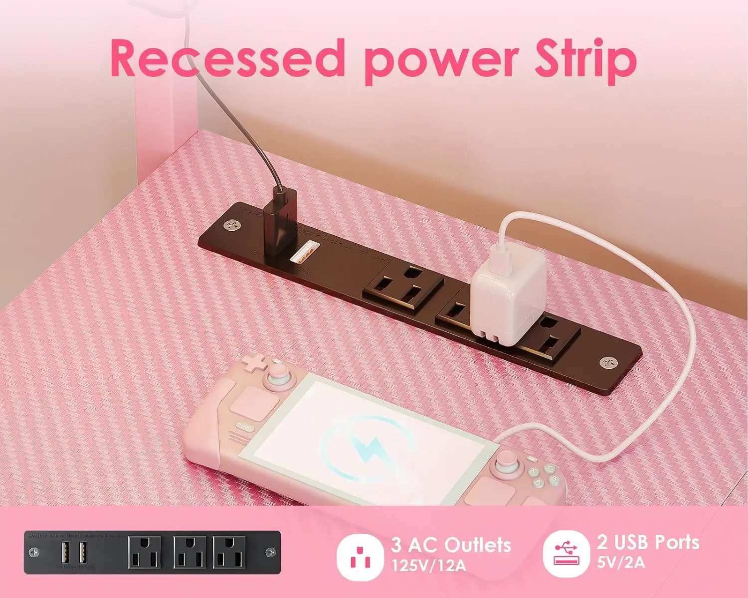 43 Inch L Shaped Gaming Desk with Shelf & 4 Drawers, Carbon Fiber Pink | Compact computer table. Reversible study desk with LED photo 5