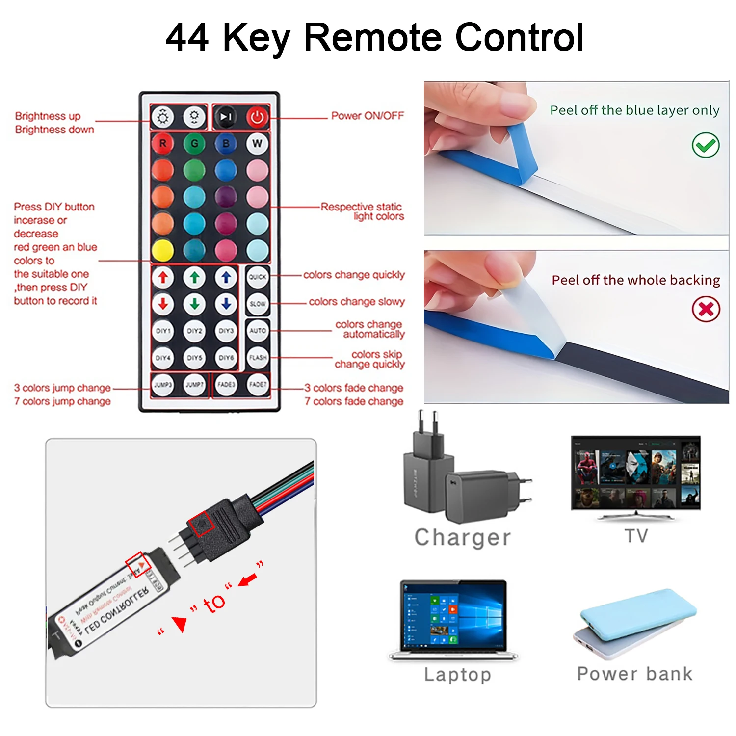 Led Strip Lights with 44 Key Remote Control 1m 5m 10m 20m RGB Tape Led Wall Room for Home Bedroom Party Decor TV Backlight photo 5