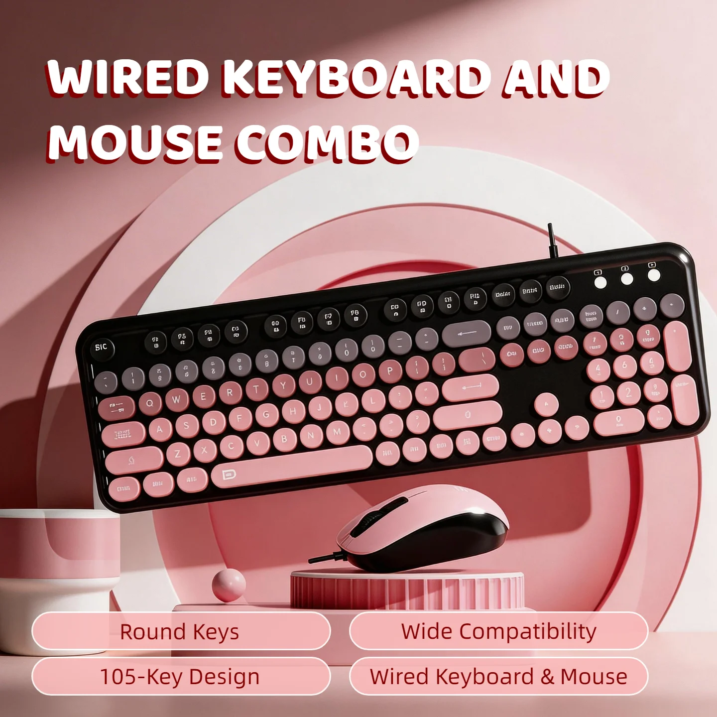 Retro Punk Round Keycap Wired Keyboard Mouse Combo Set 105 Keys USB Gaming Office Typewriter Style Mechanical Feel Pink Purple Gradient PC Laptop photo 4