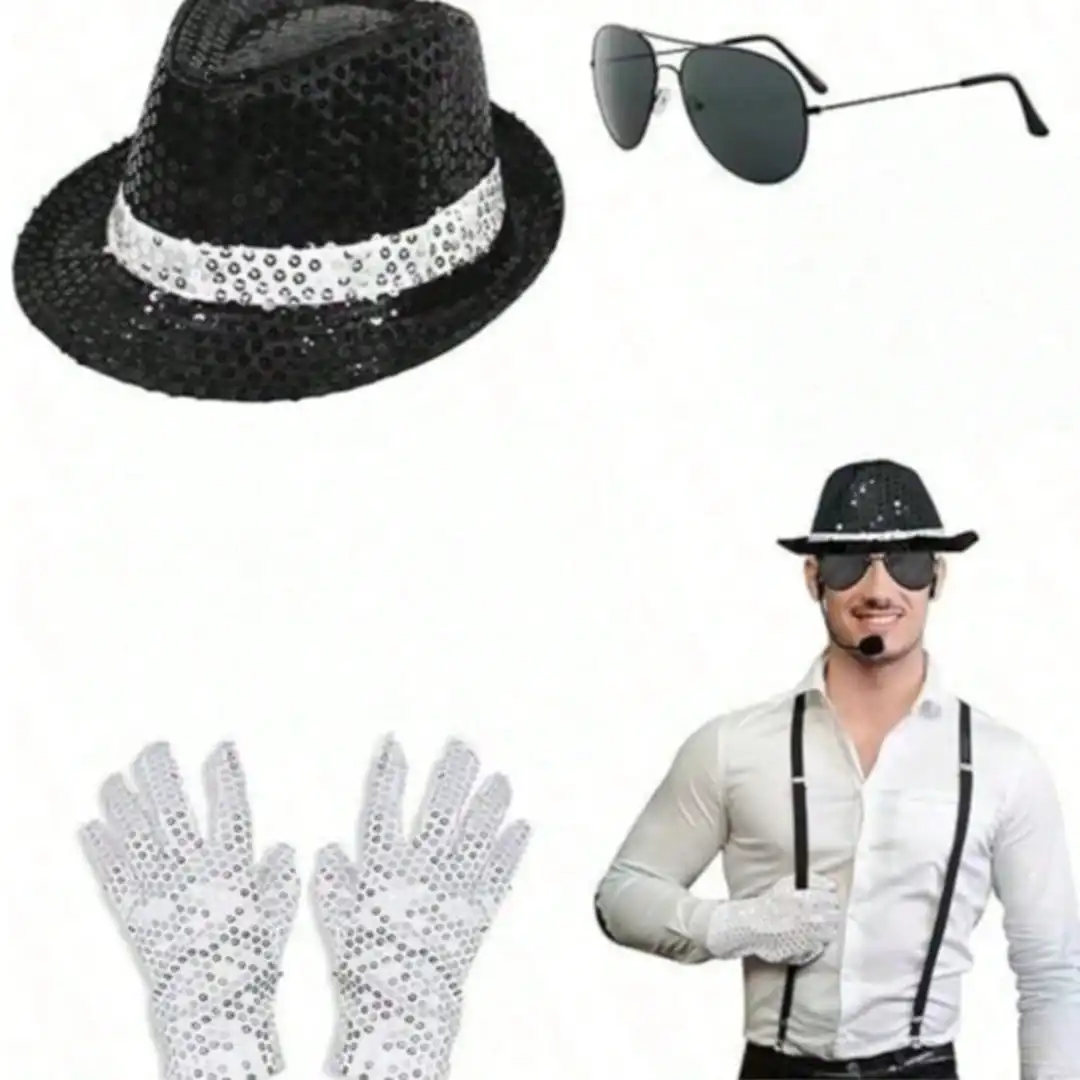 Michael Jackson Costume Accessories Set - Sequin Fedora Hat + Rhinestone Gloves + Aviator Sunglasses, Halloween Cosplay Party Dr photo 2