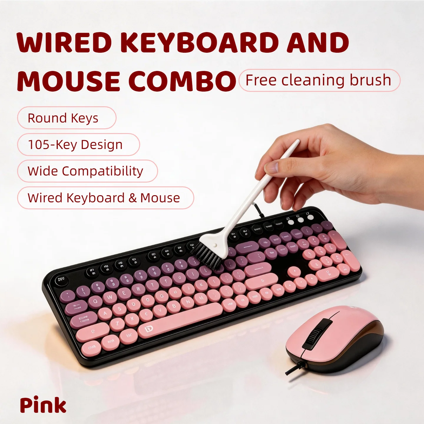 Retro Punk Round Keycap Wired Keyboard Mouse Combo Set 105 Keys USB Gaming Office Typewriter Style Mechanical Feel Pink Purple Gradient PC Laptop photo 2