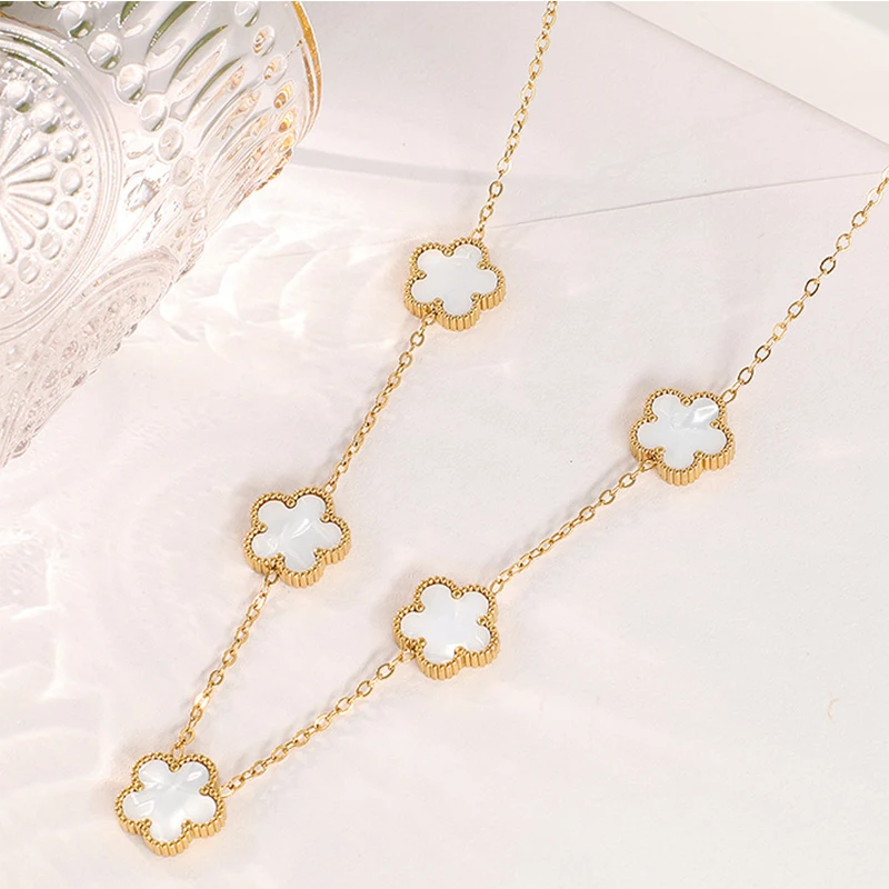 14K Gold Plated Stainless Steel Necklace Woman Five Leaf Petals Double Sided Necklaces for Women Pendant Flower Clover Jewelry photo 6