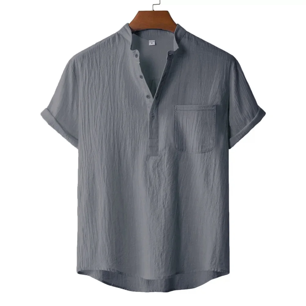 Men's Summer Cotton Linen T-shirt Beach Style Short SLeeve Henley Neck Vacation Hawaii Casual Lightweight Breathable Cozy Tops photo 5