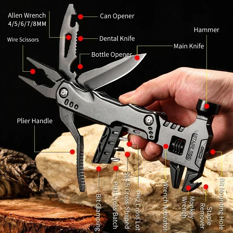 Portable EDC Survival Multi-Tool, 15-in-1 Hammer Wrench Pliers Tool Bottle Opener with Sheath for Hiking Outdoor Camping photo 5