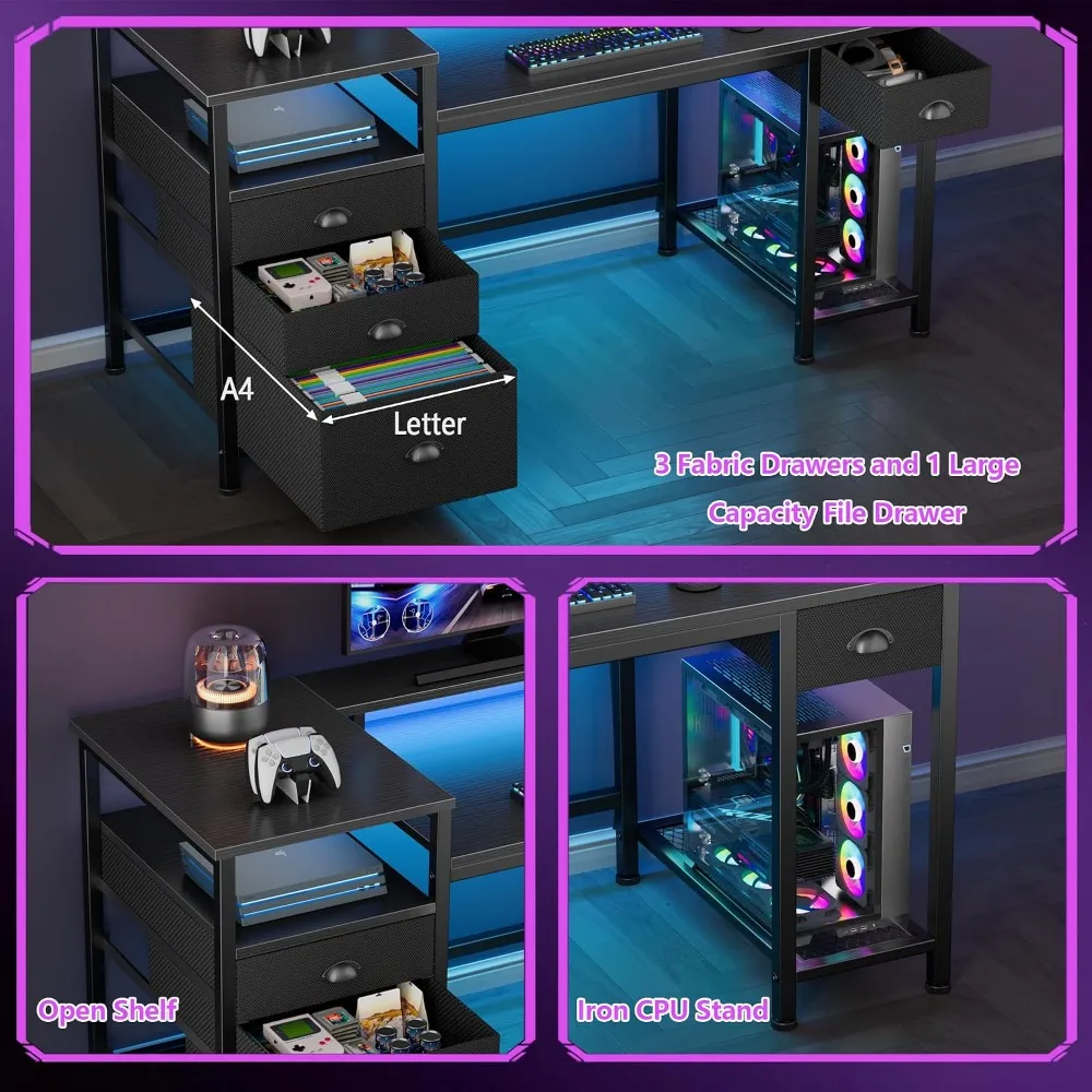 Gaming Desk 52 Inch with 4 Drawers, LED Lights, Power Outlet, Monitor Stand, Printer Space, Black photo 4