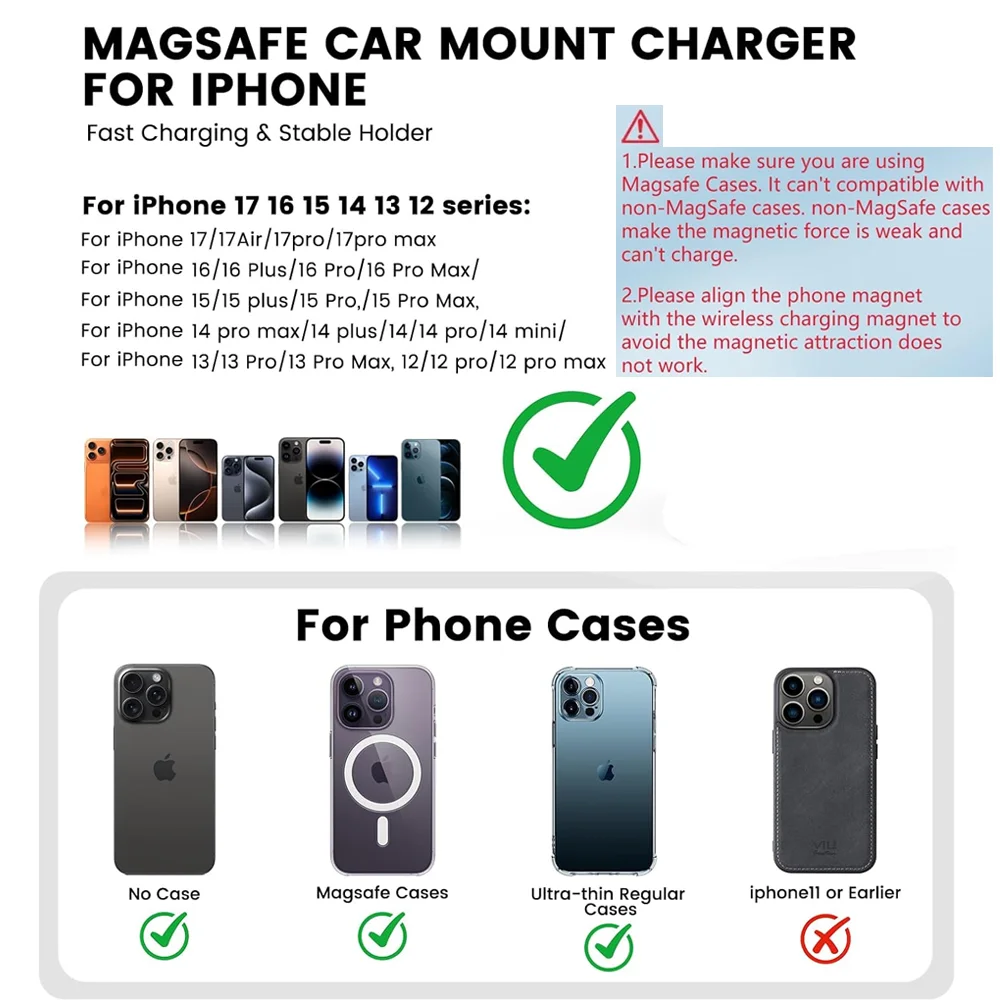 30W Fast Charging Magnetic Car Wireless Charger, LED Light Phone Mount Holder for iPhone 12, 13, 14, 15，16，17， Pro Max photo 5