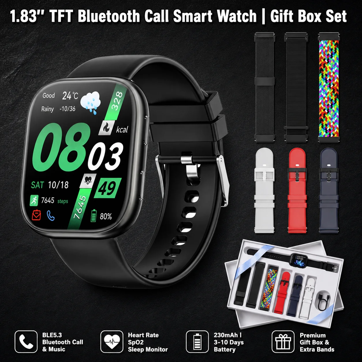 Smart Watch Bluetooth Call 1.83'' TFT Screen Gift Box Set IP67 Fitness Tracker Heart Rate SpO2 Sleep Monitor 230mAh For Men Women Android iOS photo 1