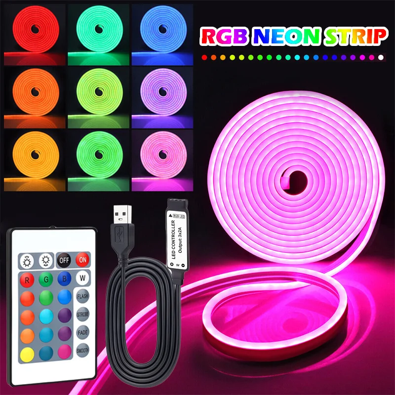 USB RGB Neon Strip Lights With 24Keys Remote Control, Flexible Rope Lights Gaming Led Neon Light Strip RGB LED Neon Lights photo 1