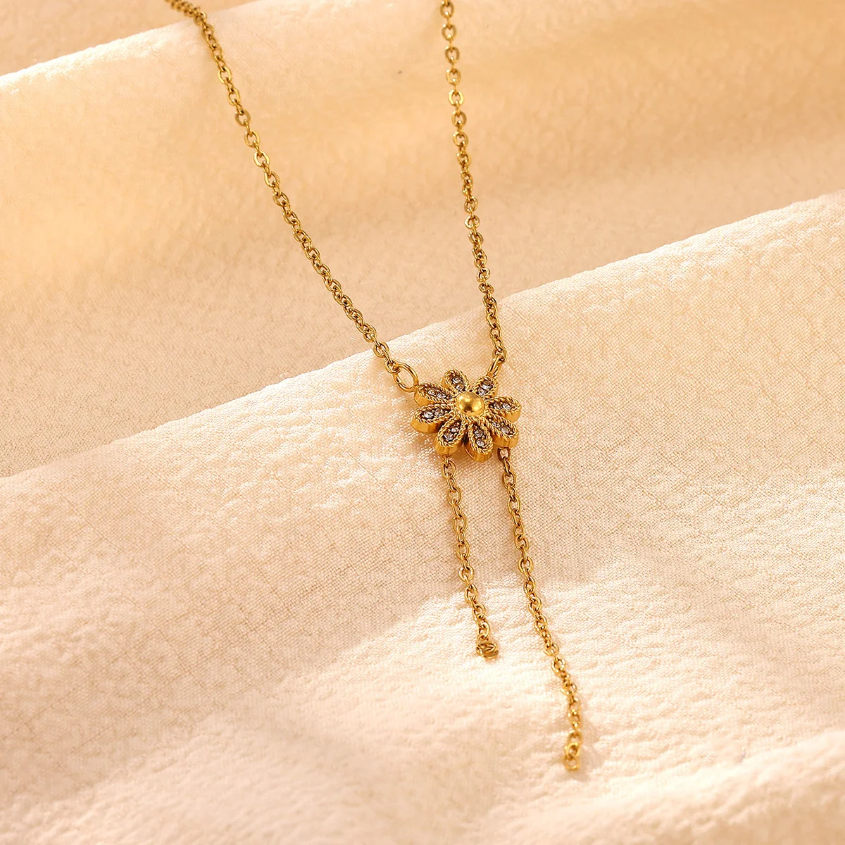 Luxury Zircon Daisy Flower Necklaces For Women Gold Color Stainless Steel Flower Y‑Drop Necklace Wedding Christmas Boho Jewelry photo 3