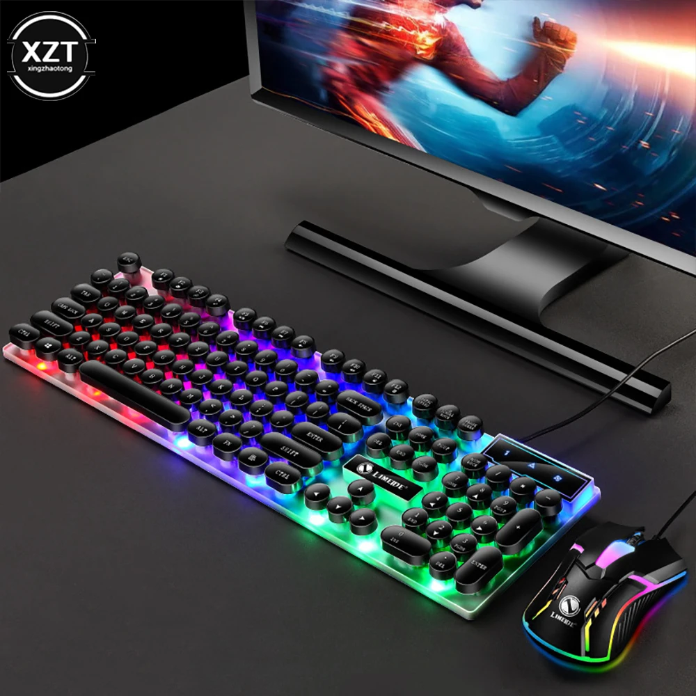 GTX300 Punk Game Keyboard Mouse 104 Retro Round Key Cap RGB Backlit USB Wired Mouse and Keyboard Gamer Kit for PC Laptop Desktop photo 2