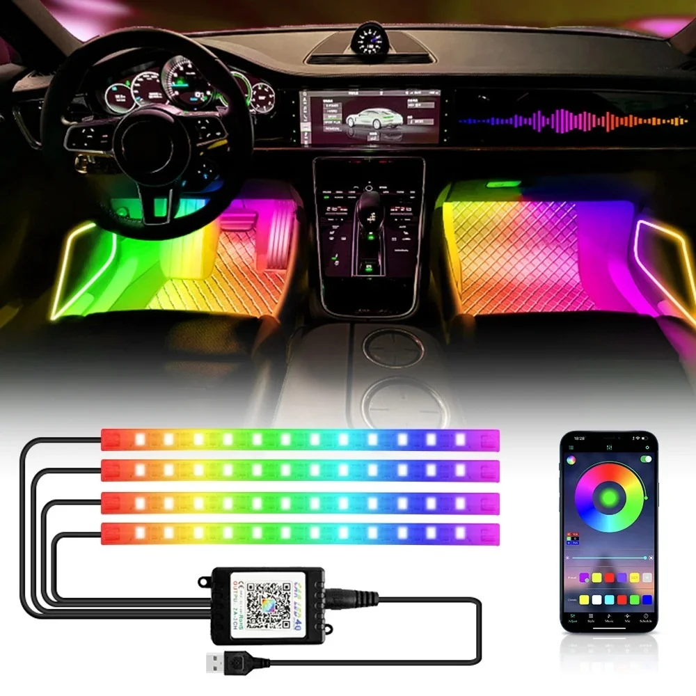 72 48 36 LED Neon Led Car Lights Strip RGB Foot Ambient Light with USB Cigarette Automotive Interior Strip Lights Decoration photo 1