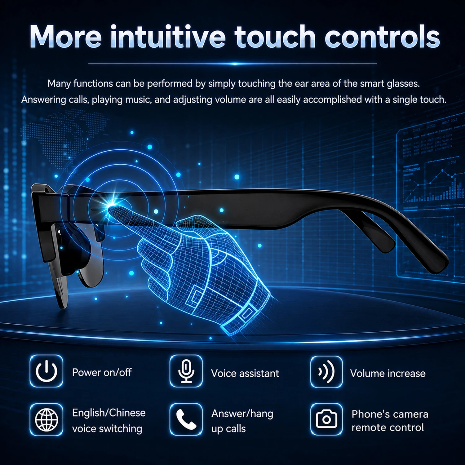 Smart Glasses Hands-Free Calling AI Chat Logging Music Playback Bluetooth Sunglasses for Men Touch Control Selfie Anti Glare photo 6