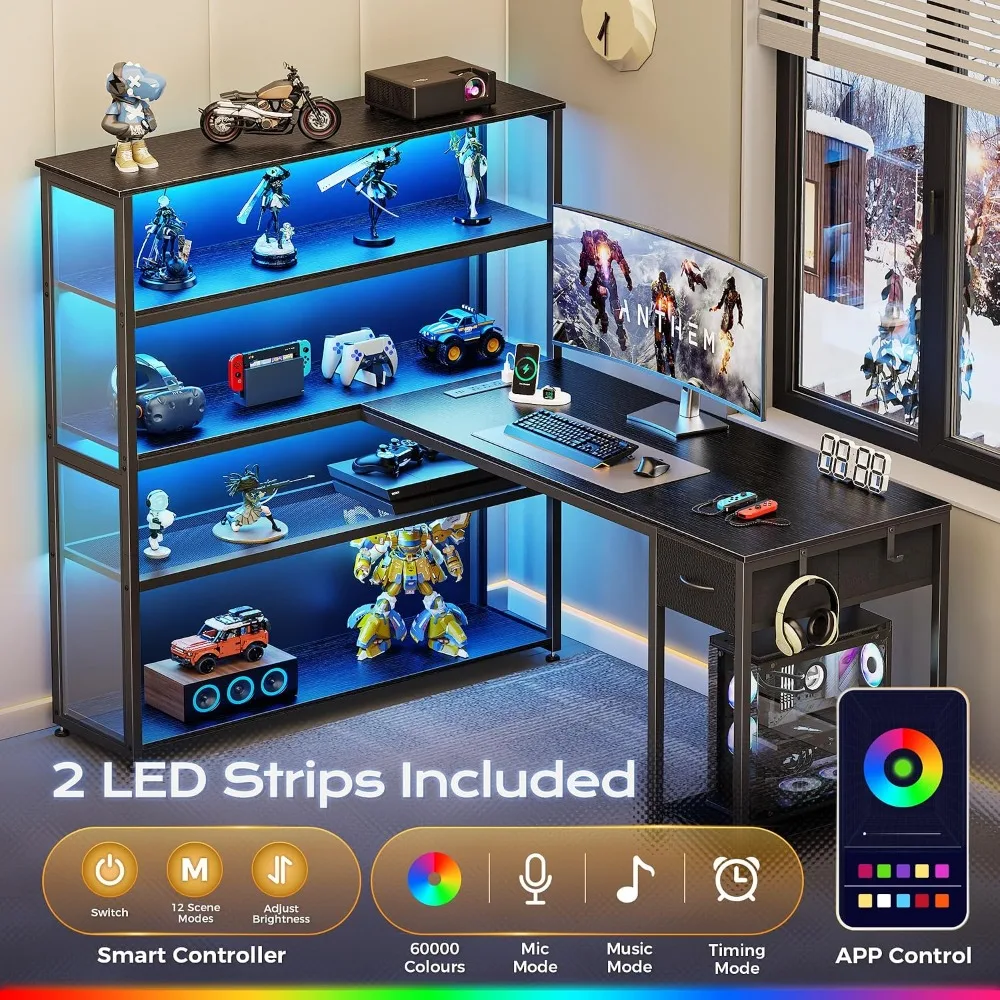 57 Inch L Shaped Gaming Desk with Cabinet, Outlets, LED, Drawer, Shelf, Black photo 4