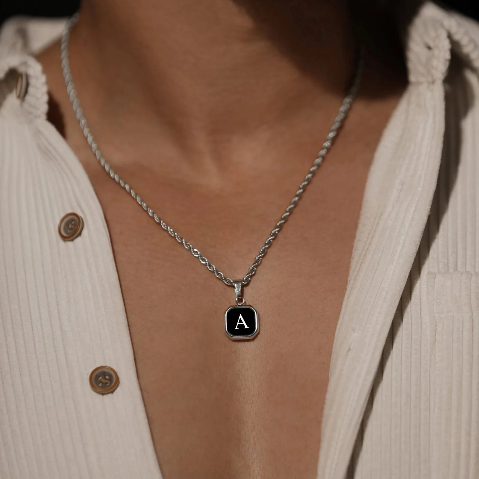 Initials Necklaces for Men Women,A-Z 26 Letters Black Square Stainless Steel Pendant Collar,45-60CM Twisted Rope Chain Gifts photo 2