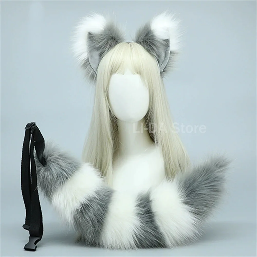2Pcs/set Fluffy Animal Raccoon Cat Tail Faux Fur Plush Fox Ears Headband Cosplay Halloween Costume Accessories photo 2