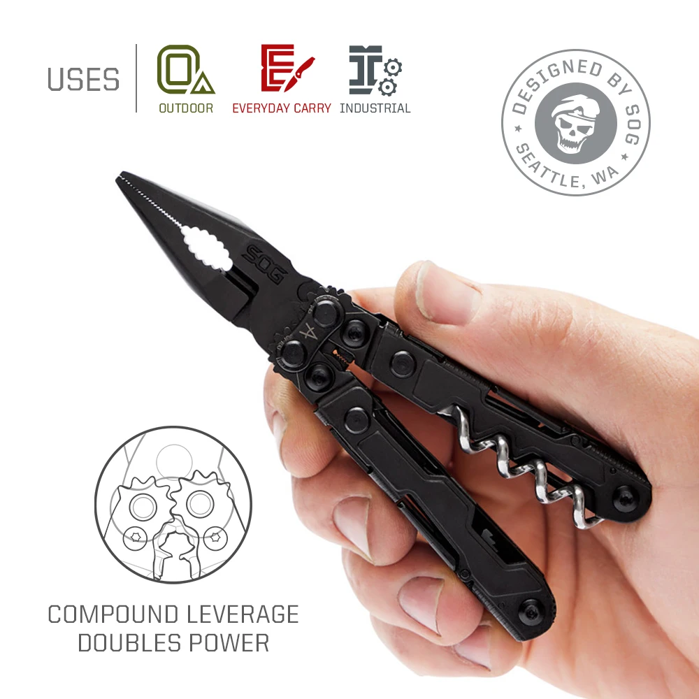 SOG PowerLitre 19 Functions Compact Multitool EDC 5 Inch Lightweight Stainless Steel Multifunctional Pliers W/ Folding Knife Wire Cutter Magnetic Bit Holder Corkscrew For Survival Hiking Home DIY Outdoor Emergency Repair Portable Hand Tools W/ Pocket Clip photo 2