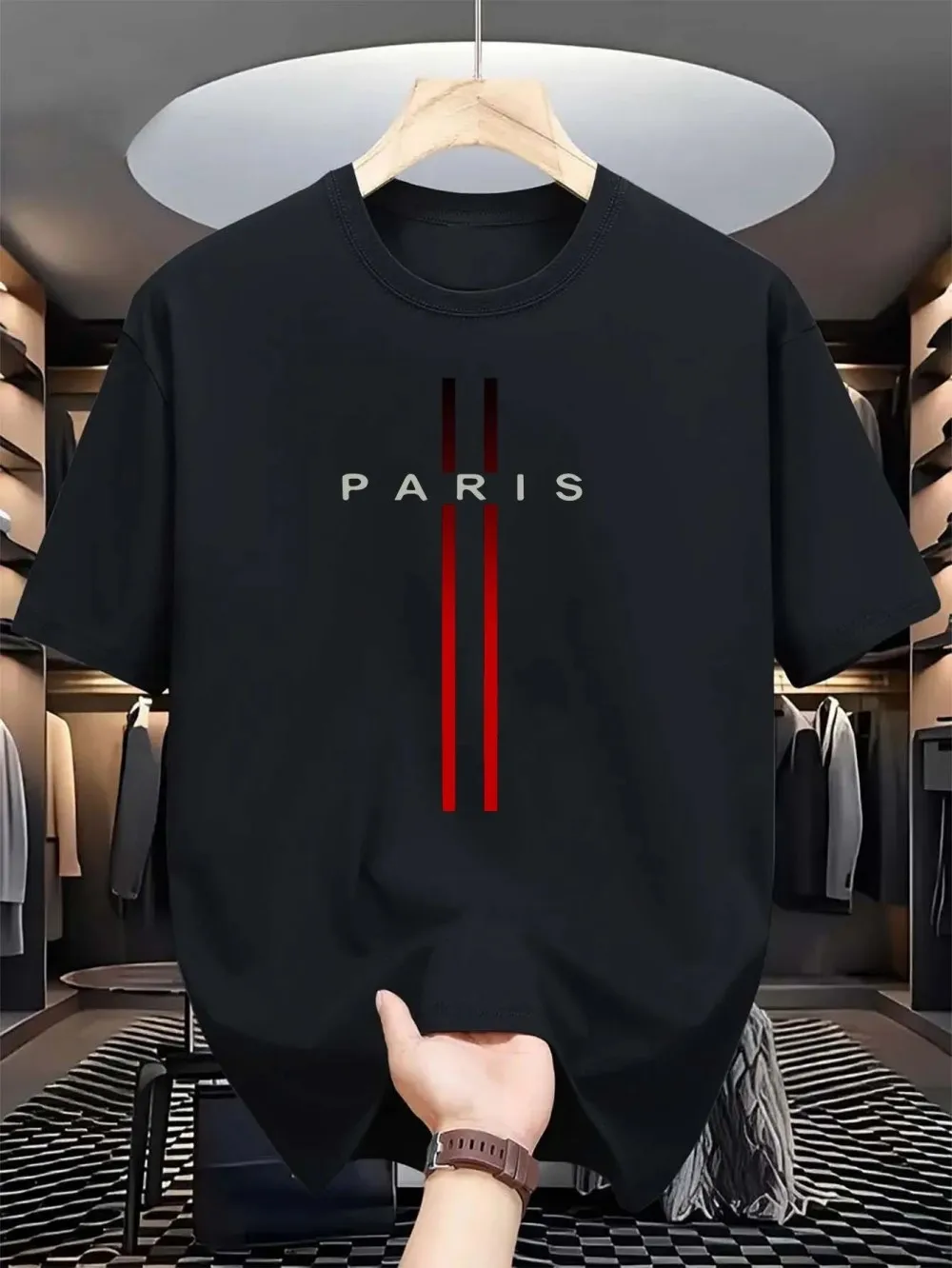 Men's new polyester fabric comfortable and breathable round neck T-shirt Paris letter printed pattern outdoor casual top photo 3