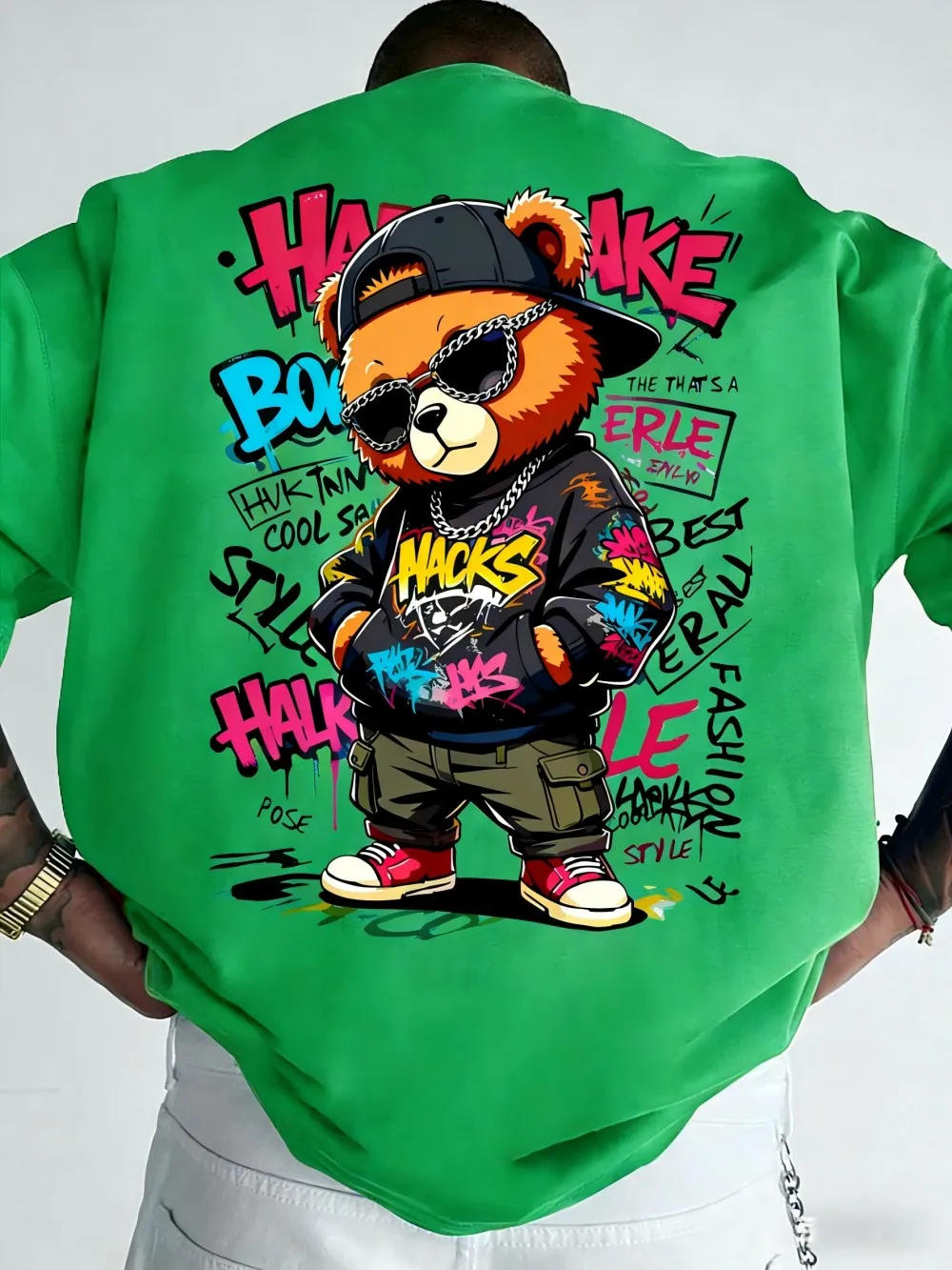 European and American Men's Summer Teddy Bear Graffiti Print Comfortable and Breathable Round Neck T-Shirt Outdoor Street Top photo 6