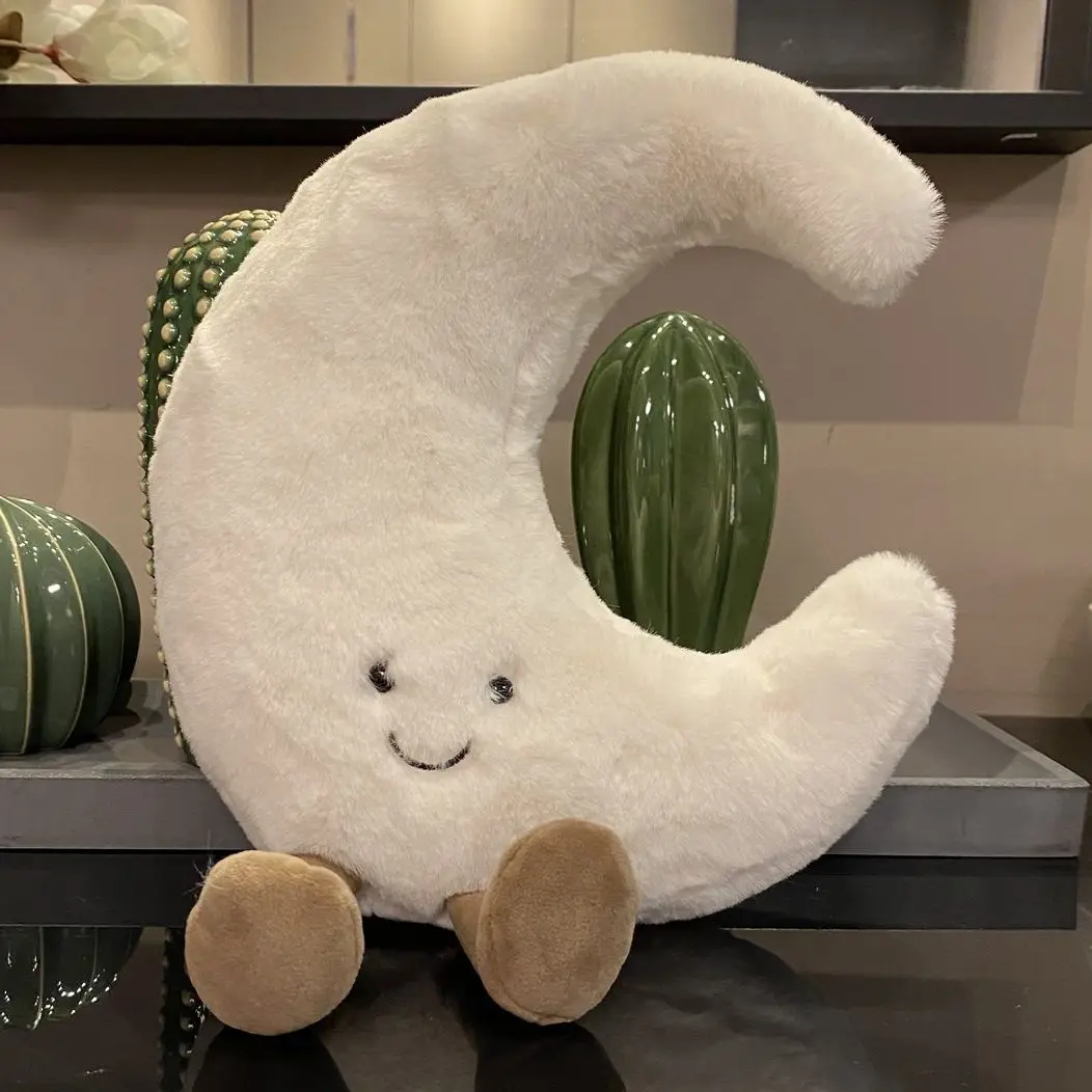 Adorable Smile Face White Moon Yellow Sun Plushie Stuffed Cute Cartoon Weather Plush Toy for Kid Bedroom Decor Sofa Throw Pillow photo 2
