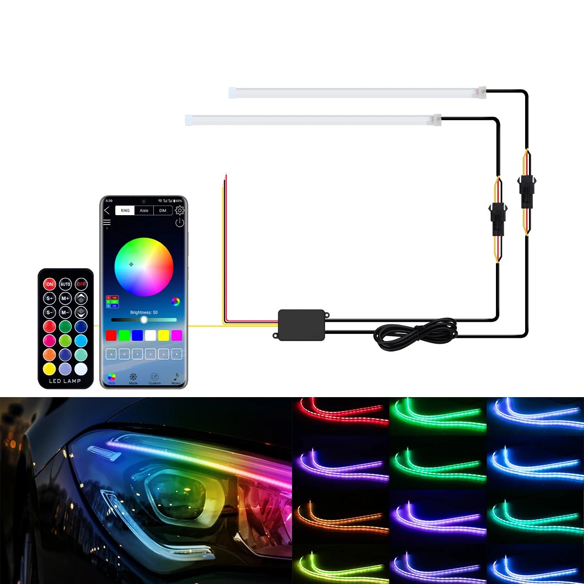 1Pair Car Daytime Running Light Strip DRL Flexible Turn Signal Strip With Remote /APP Control RGB Driving Lights Car Decoration photo 1