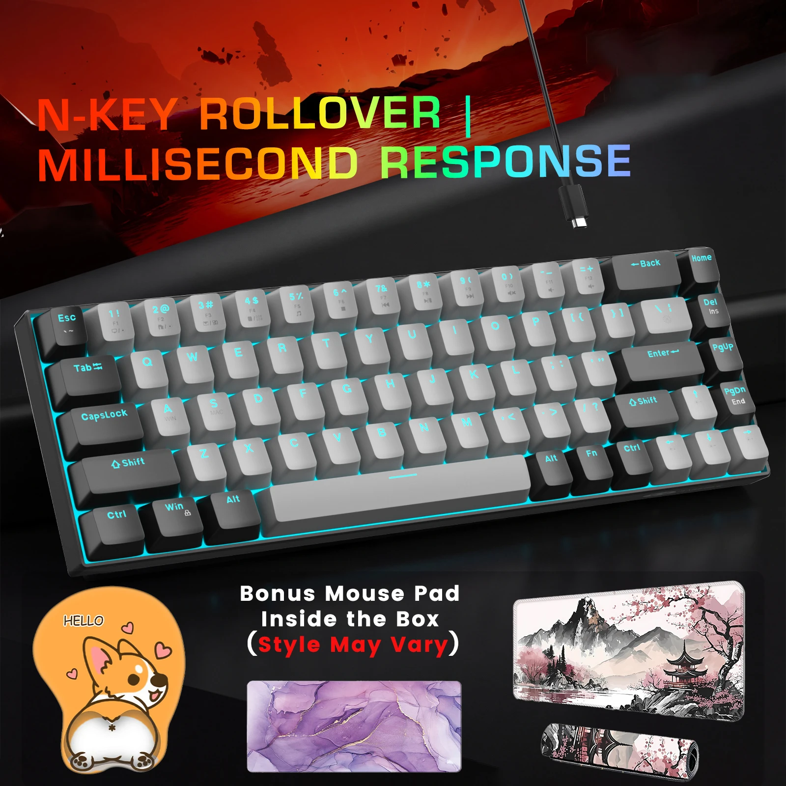 FocusOnPC MK-BOX Portable 60% Mechanical Gaming Keyboard, 68 Keys Compact Wired Keyboard with LED Backlight for Gaming & Office, Compatible with PC, Laptop & Mac, Free Random Mouse Pad Included photo 3