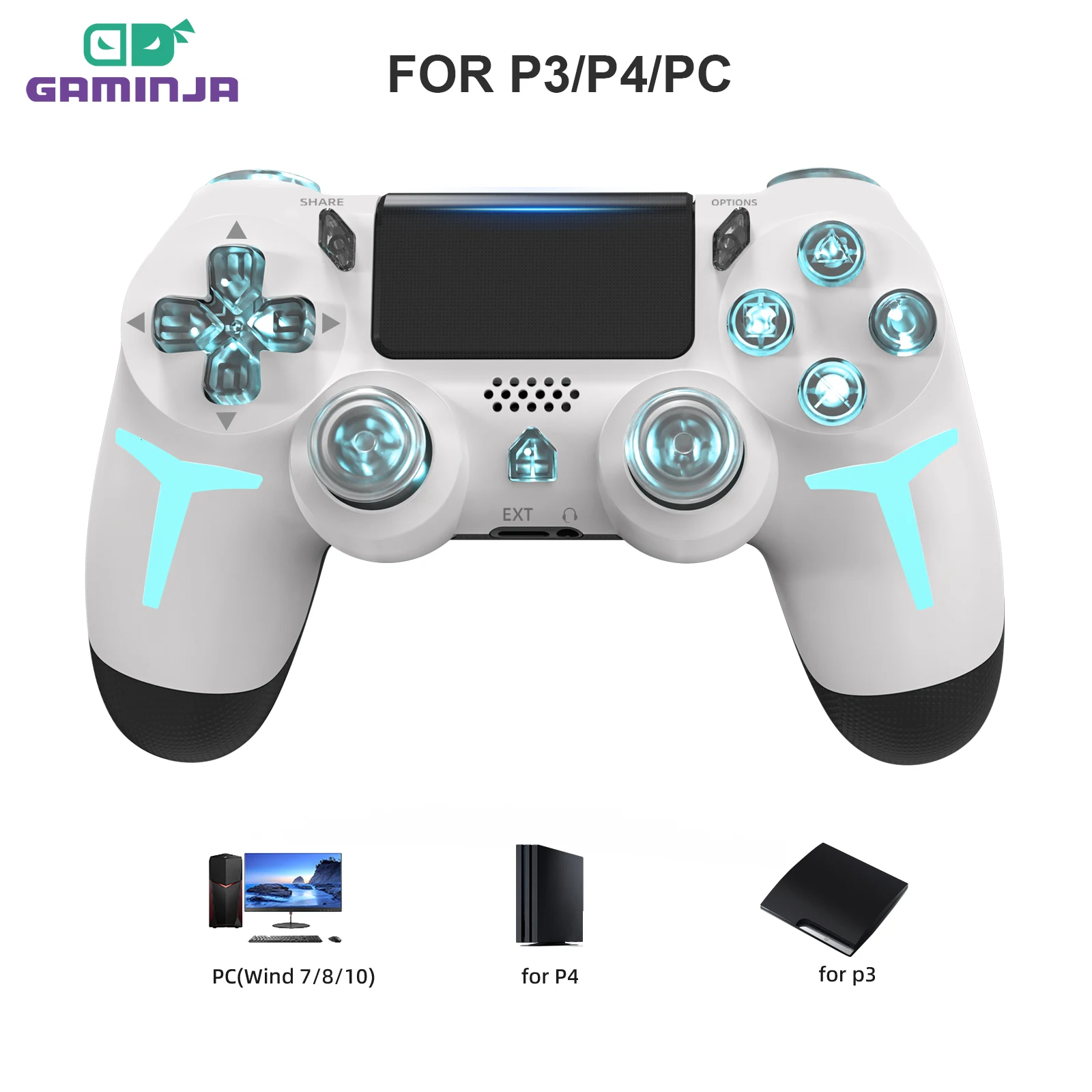 GAMINJA Wireless Game Controller For PS4 PS3 Console Computer PC RGB Light LED Bluetooth Gamepad 6-axis Gyroscope Dual Vibration photo 1