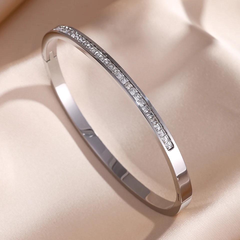 ZAKOL 5/1pcs Sparkling Zirconia Inlaid Stainless Steel Bracelet Set for Women Stackable Bangles Fashion Non Fading Jewelry Gift photo 2