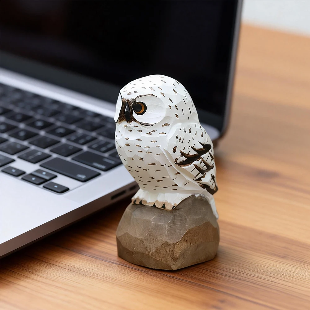 Handcrafted Wooden Snowy Owl Sculpture Statue Figurines Animal Home Desk Accessories Decor Ornament Home Decoration Unique Gift photo 2