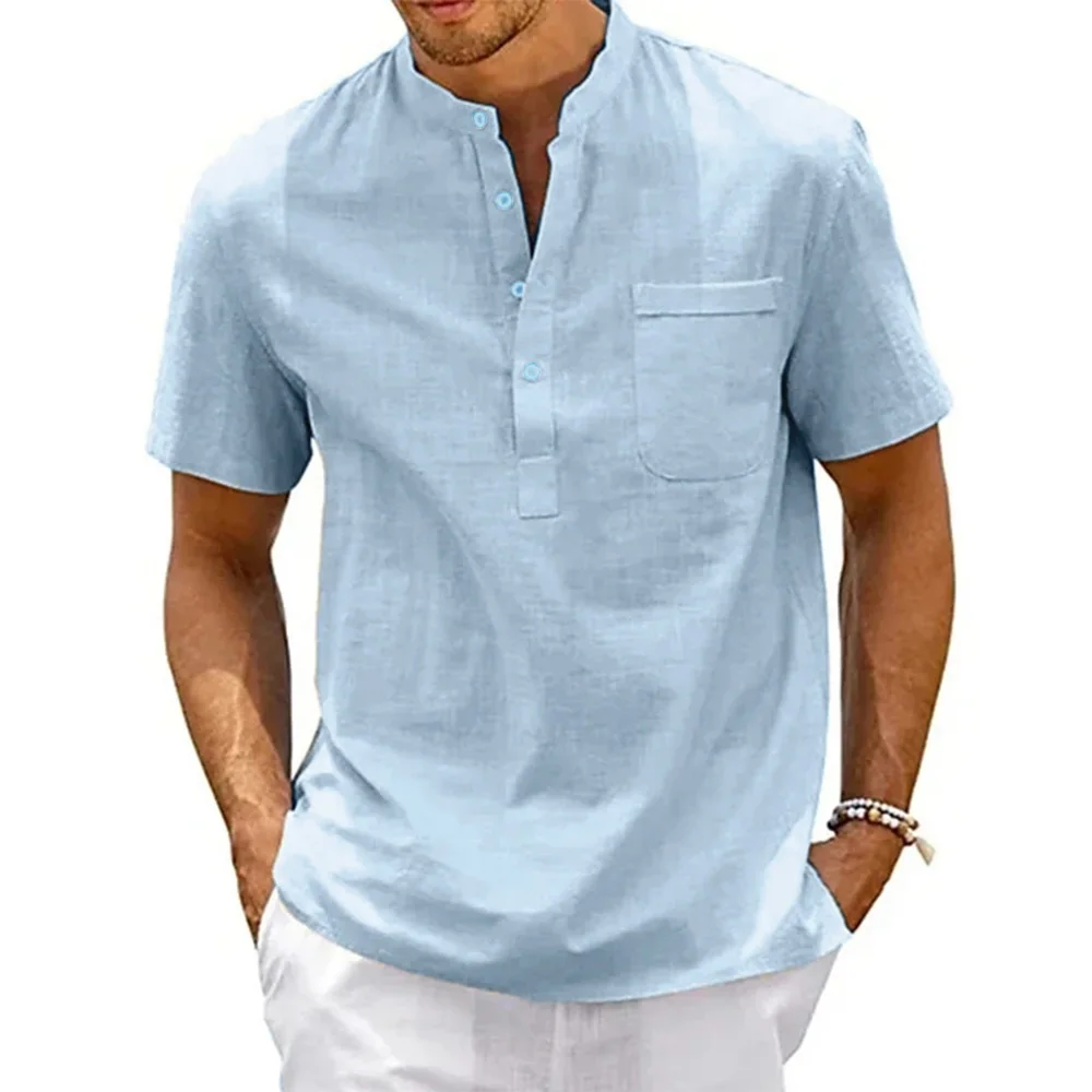 Cotton Linen Shirt Men Henley Neck Pocket Casual Beach Short Sleeve Solid Color Male Tops T-shirts Vintage Streetwear photo 4