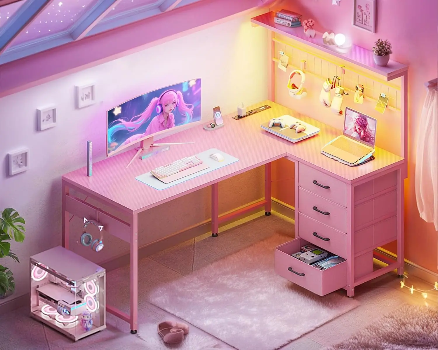 43 Inch L Shaped Gaming Desk with Shelf & 4 Drawers, Carbon Fiber Pink | Compact computer table. Reversible study desk with LED photo 2